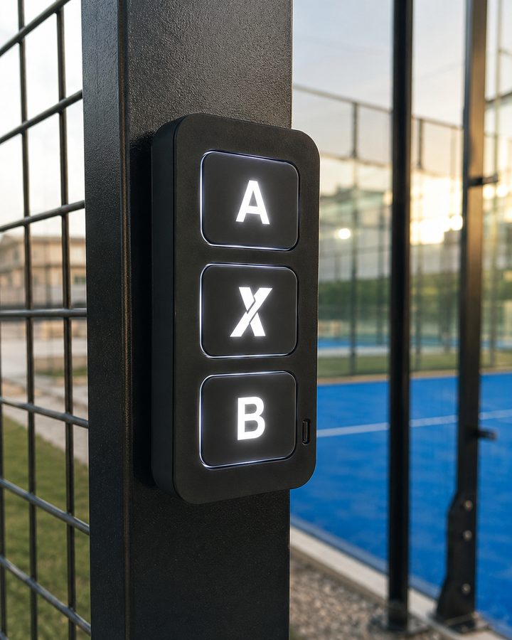 Three-button ScoreX controller on a court post.