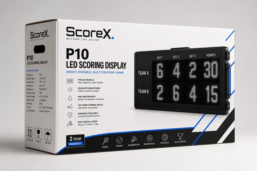 ScoreX P10 LED scoring display.