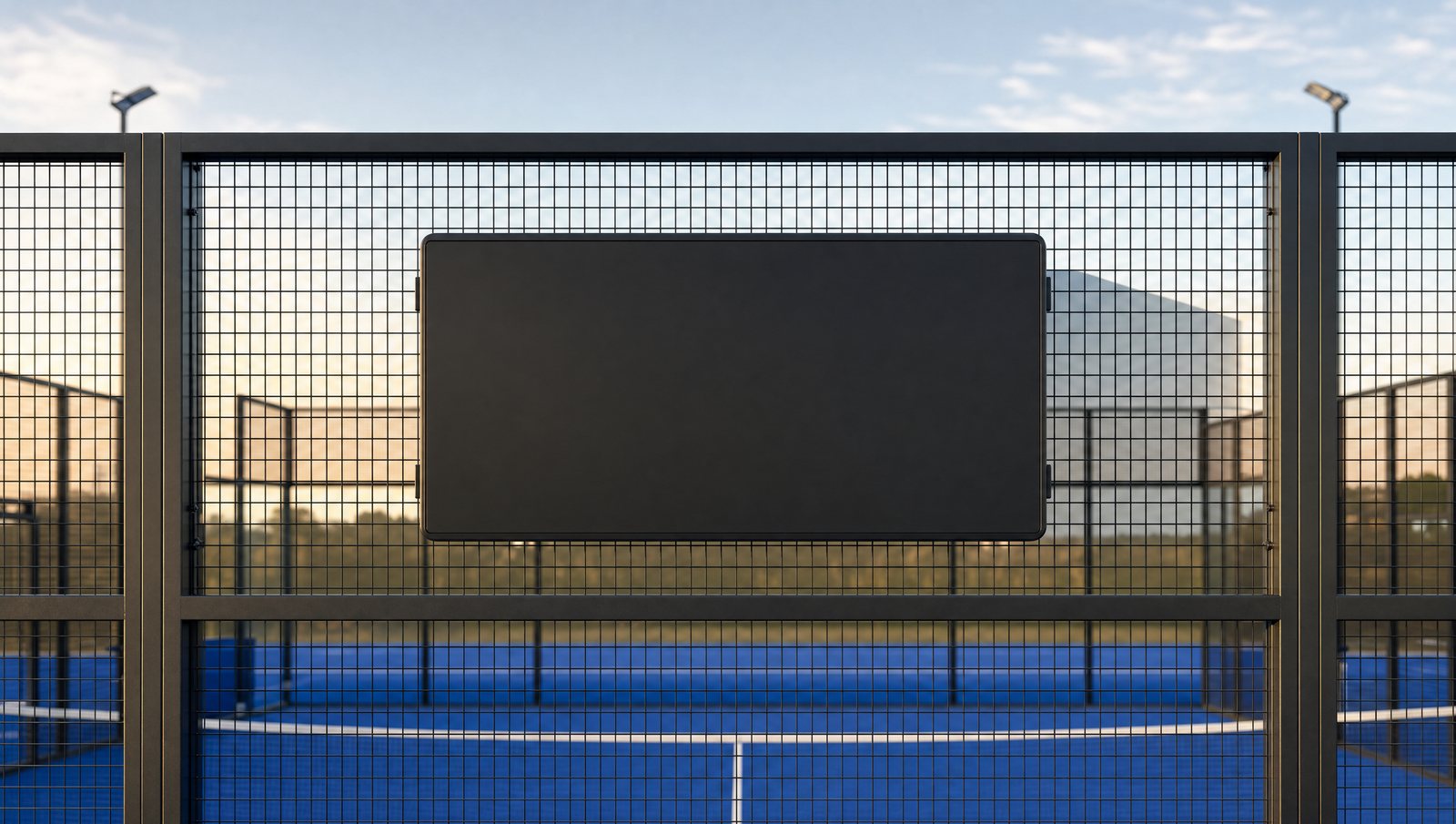 A ScoreX spectator display mounted on the fence above a padel court.