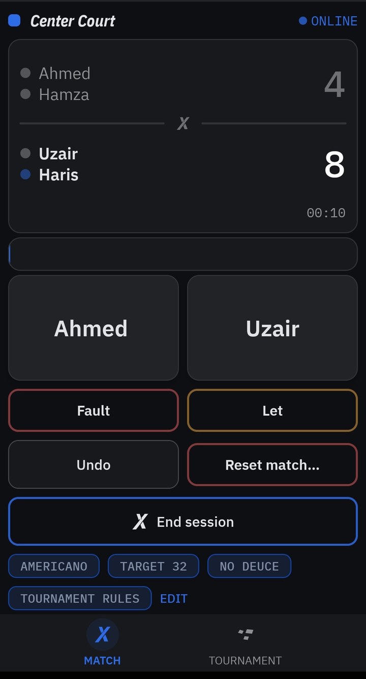 The ScoreX app scoring an americano doubles match, 4 against 8, with fault, let and undo controls.