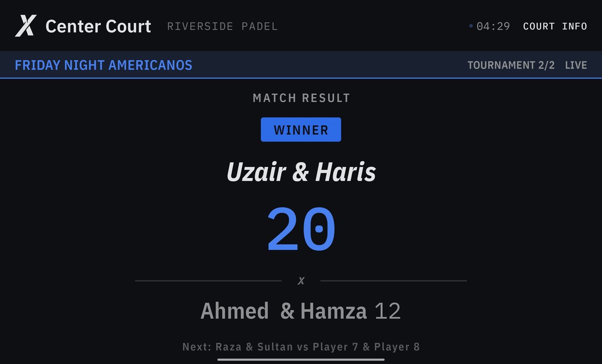 Match result with the winning pair and the next match up.