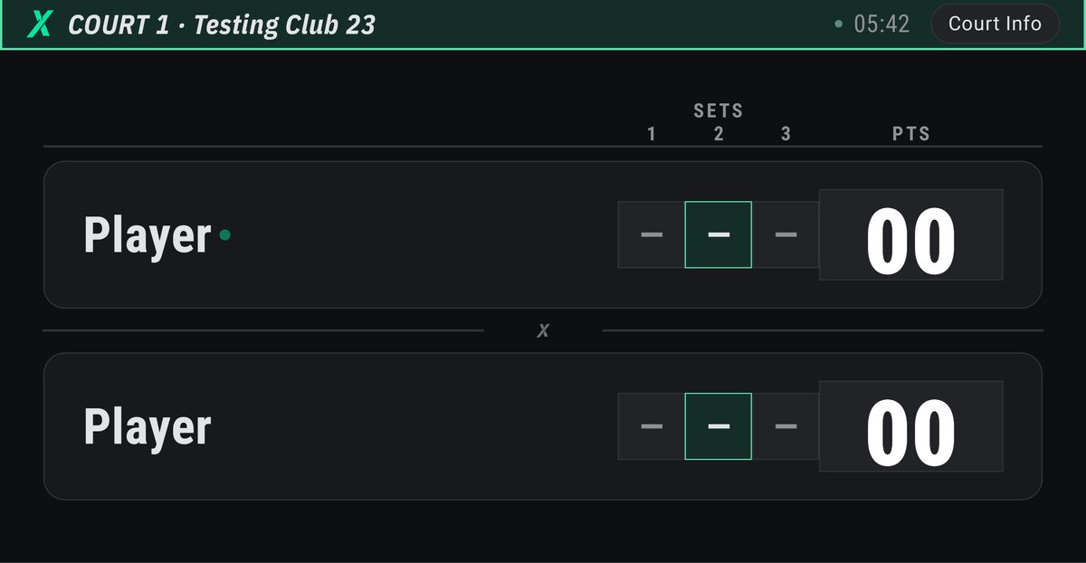 The ScoreX TV scoreboard showing two players, set boxes and points.